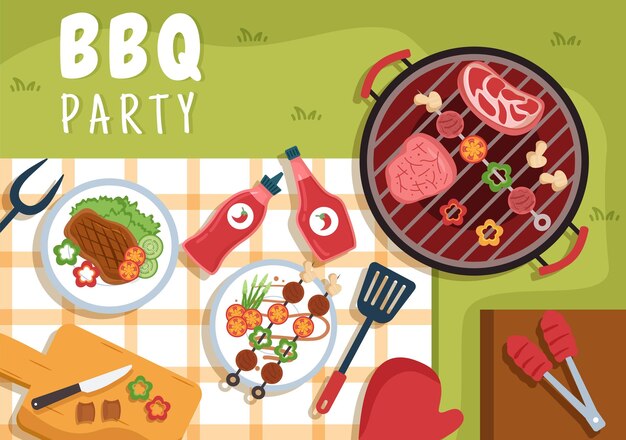 Vector bbq or barbecue with steaks on grill in flat background cartoon illustration