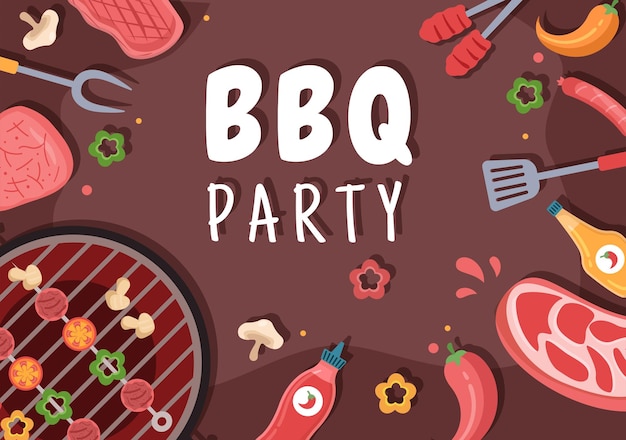 Vector bbq or barbecue with steaks on grill in flat background cartoon illustration