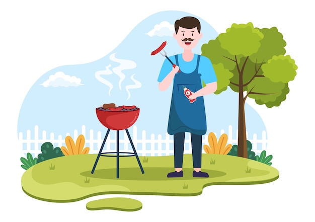 Vector bbq or barbecue with steaks on grill and people on picnic or partyin flat cartoon illustration