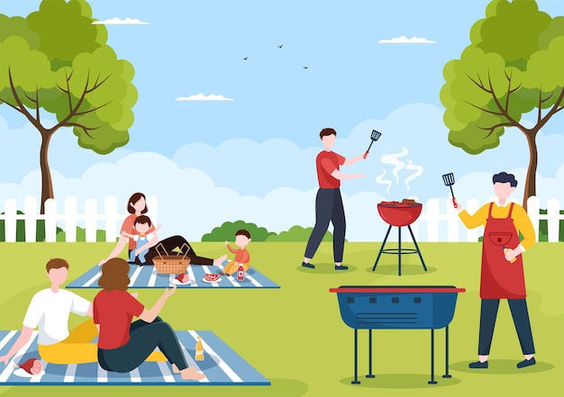 Vector bbq or barbecue with steaks on grill and people on picnic or partyin flat cartoon illustration