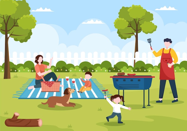 BBQ or Barbecue with Steaks on Grill and People on Picnic or Partyin Flat Cartoon Illustration