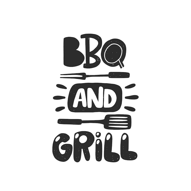 BBQ en gril. Vector inscriptie slogan. Poster, t-shirtontwerp, print, plakkaat, menu, food court