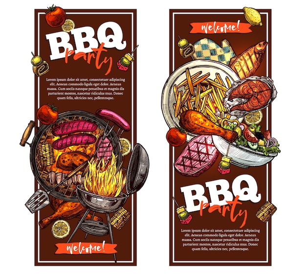 Bbq En Grill Banners Met Uitnodiging Voor Barbecue Feest