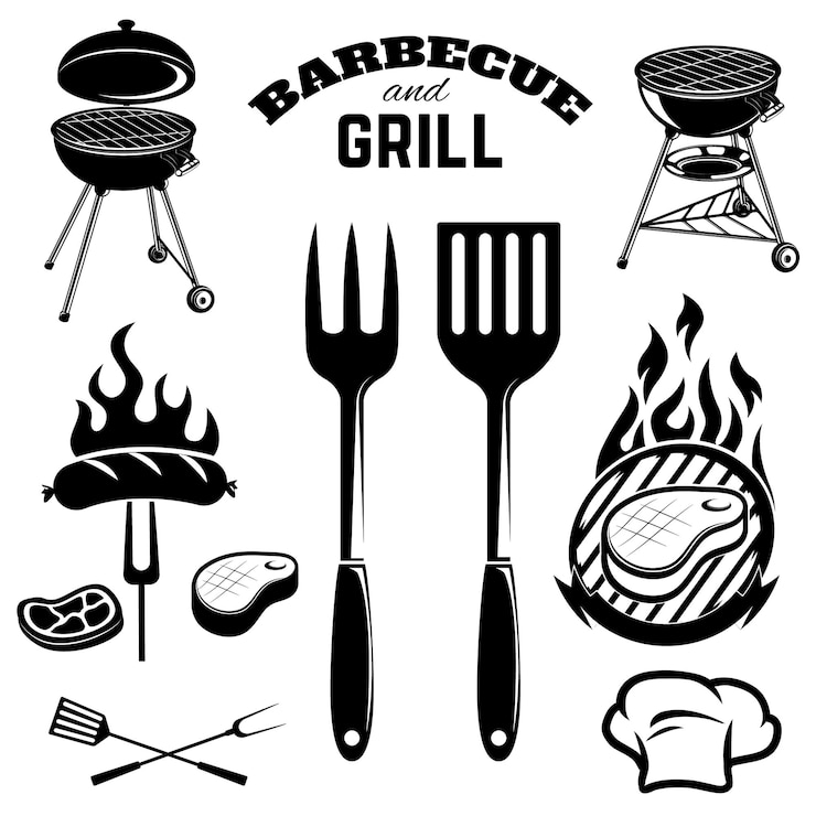 Vector bbq en grill ontwerpelementen koehoofden keukengereedschap steaks rauw vlees gegrillde vis