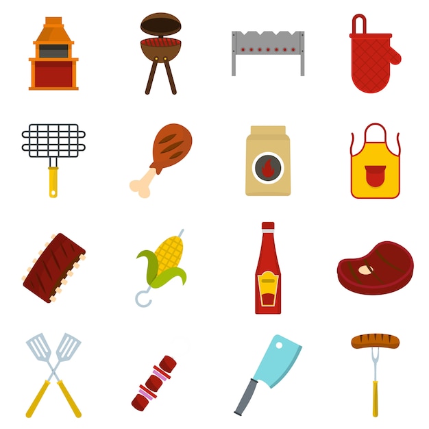 Vector bbq food icons set in flat style