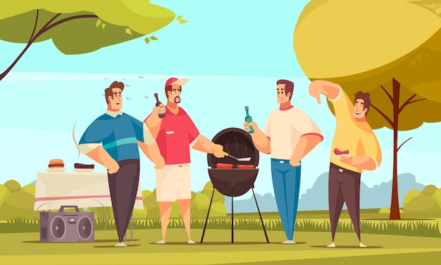 Vector bbq friends composition with outdoor scenery and doodle style characters group of four friends eating barbecue