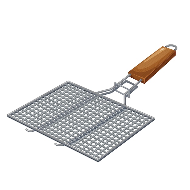 BBQ grill grid barbecue illustration. Manual grill grate with wooden handle