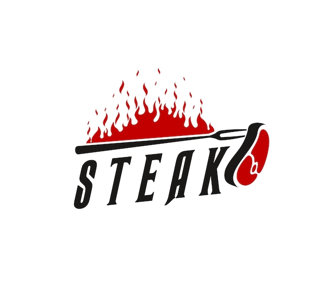 Bbq grill icon with steak on fork and burning fire