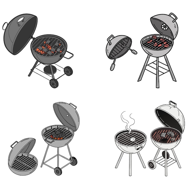BBQ Grill icons vector BBQ grill isolated Barbecue brazier with smoke Kebab grilled food concept