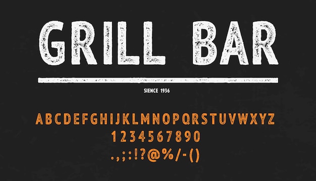 Bbq grill lettertype steak lettertype barbecue type grunge koken alfabet voor vector menuweergave of board of grill bar bbq restaurant of steak house Aged abc font met hoofdletters en cijfers