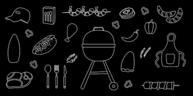 Vector bbq grill partij lijn doodle elementen set