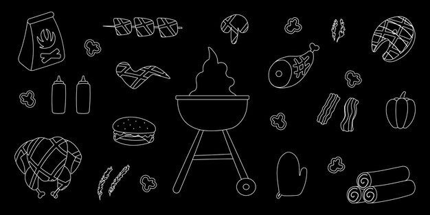 Bbq grill partij lijn doodle elementen set