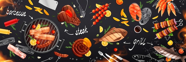 Vector bbq grill party flat background composition with top view of roasted food with chalkboard text captions illustration