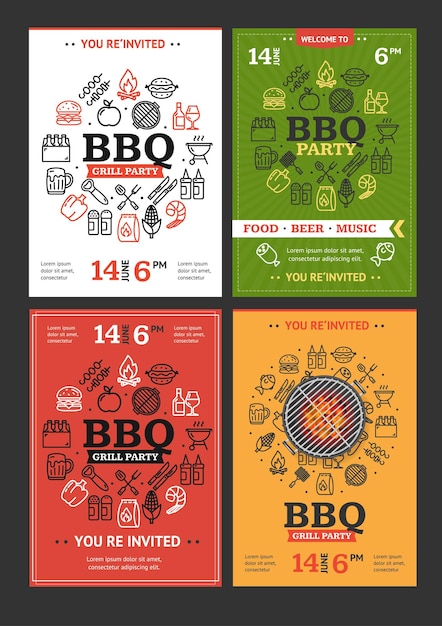 Vettore bbq grill party invitation flyer brochure set vector