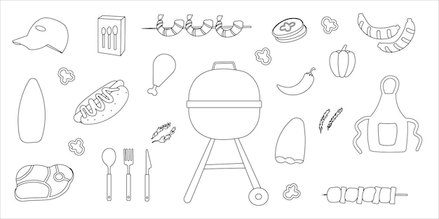 Bbq grill party line doodle elements set