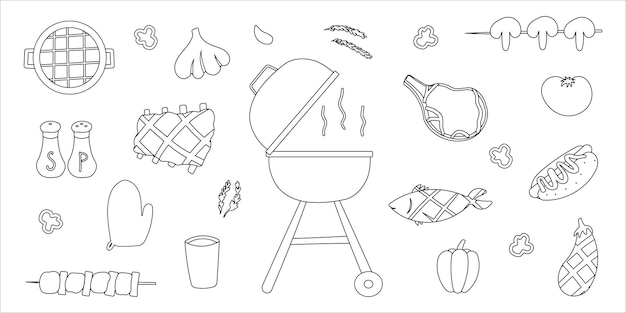 Bbq grill party line doodle elements set