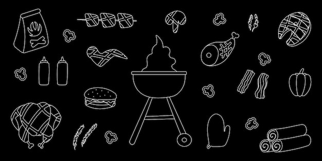 Bbq grill party line doodle elements set