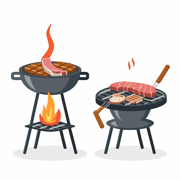 BBQ Grill stove with steak and sausage on white background