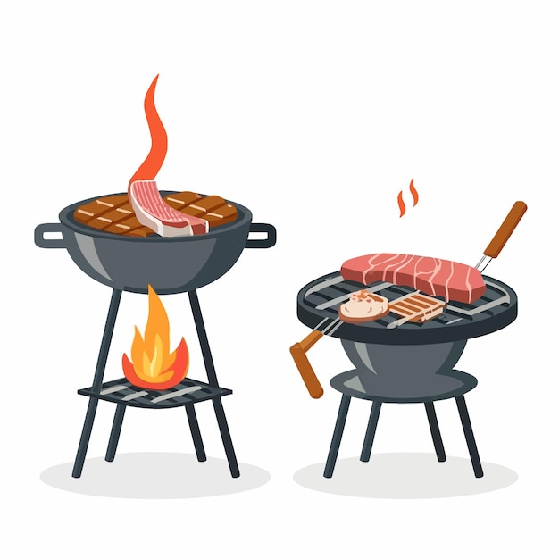 Vector bbq grill stove with steak and sausage on white background