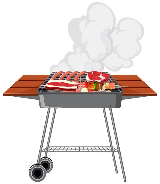 Bbq grill with food on white background