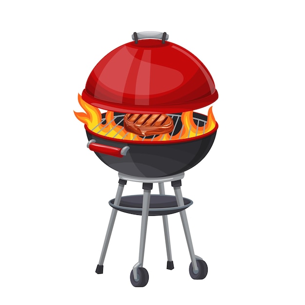 Bbq grill with and steak icon illustration. round kettle barbecue grill.