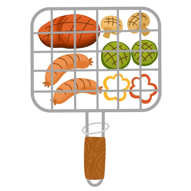Vector bbq grilling basket with handle metal barbecue device with food sausages vegetables and mushrooms