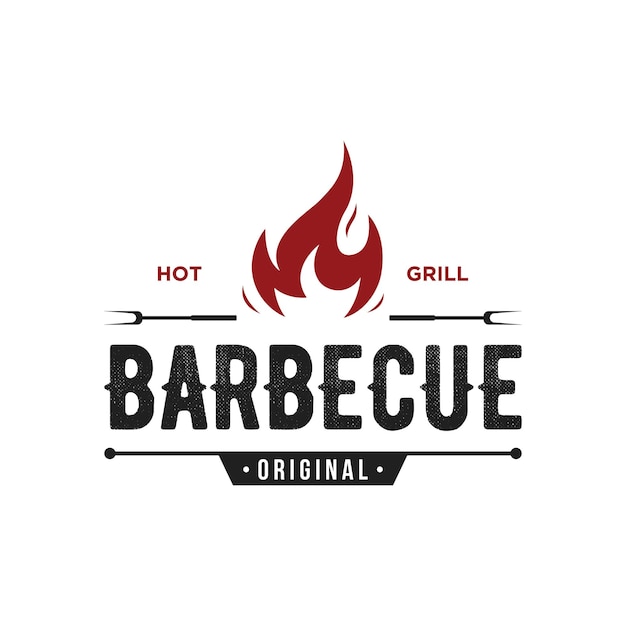 バーベキュー ホット グリル ビンテージ タイポグラフィ 交差した炎とスパチュラのロゴ デザイン レストラン Badgecafe とバーのロゴ