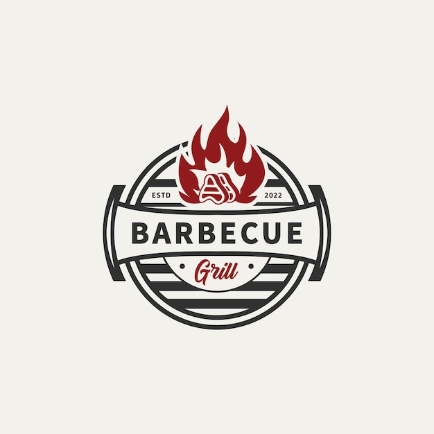 Bbq icon illustration grill house and bar with grill fire fork and spatula for barbecue restaurant logo design
