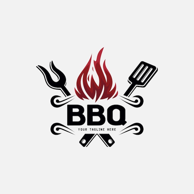 Vettore design del logo bbq per il concetto di barbecue con fiamma di fuoco che si combina con la spatola