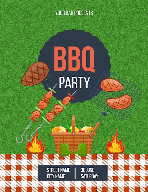 Vector bbq outdoor party vertical poster with place for text. announcement cooking meat at garden