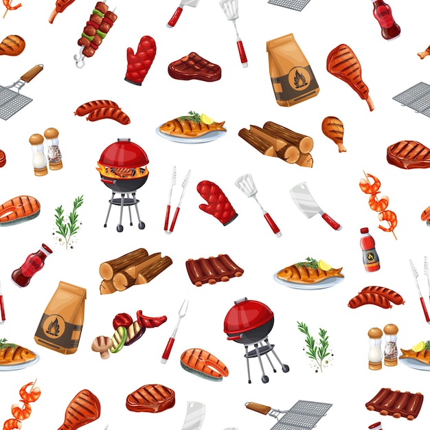 Bbq-partij naadloos patroon, vectorillustratie. achtergrond met barbecue, grill of picknick. gegrilde zalm, worst, groenten, vlees steak ñ„ñ‚ð² garnalen.