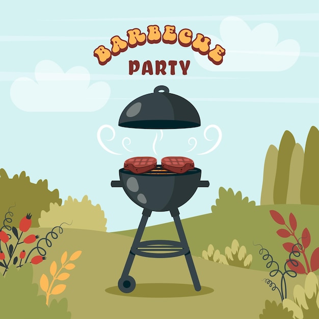 Bbq party barbecue background with brazier grill steaks meat food grilled vegetables at home vector cartoon illustration for banner holiday card summer picnic flyer advertisement poster