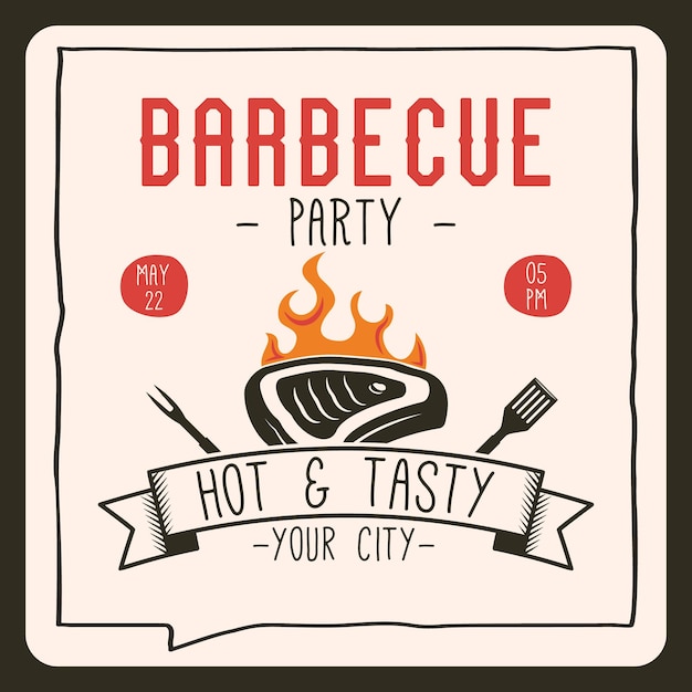 BBQ party card template with steak BBQ grill square card for social media marketing Barbecue post design Stock vector poster flyer