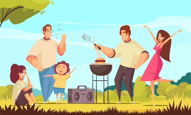 Vettore composizione del partito del barbecue con il paesaggio all'aperto del tempo soleggiato e un gruppo di bambini e dell'illustrazione dei caratteri di scarabocchio dell'adulto