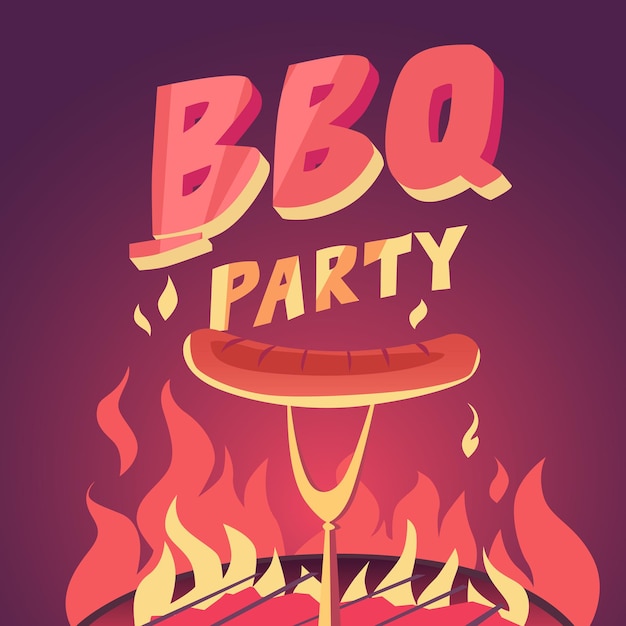 Festa barbecue, illustrazione in stile cartone animato. la griglia e la carne.