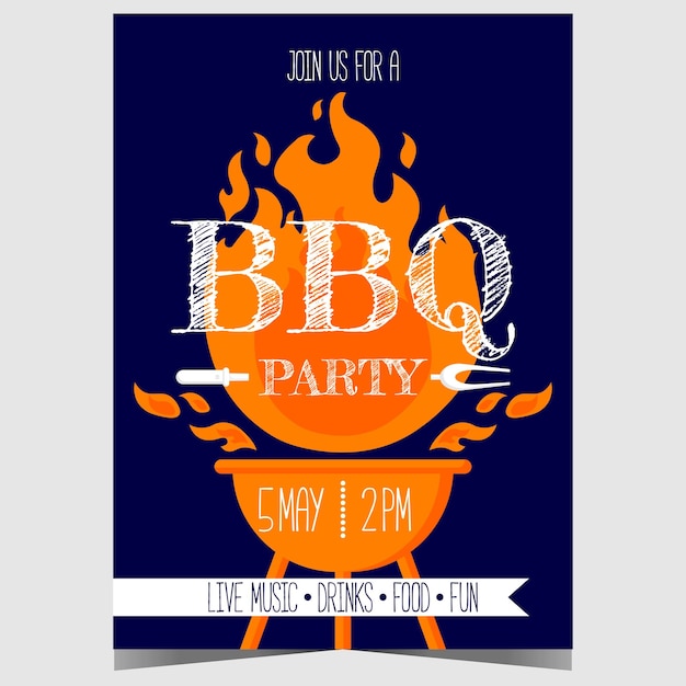 Vector bbq party invitation for outdoor picnic and steak cooking on the flame of a grill