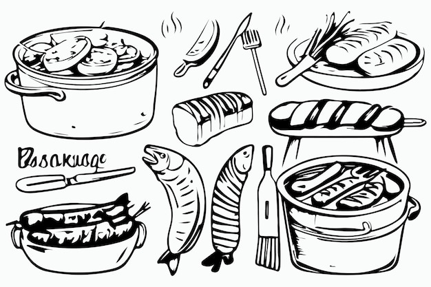 BBQ party outline icons set barbecue grill or picnic Grilled salmon sausage vegetables meat