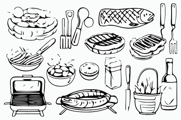 Vettore barbecue party contorno icone set barbecue griglia o picnic salmone grigliato salsiccia verdure carne