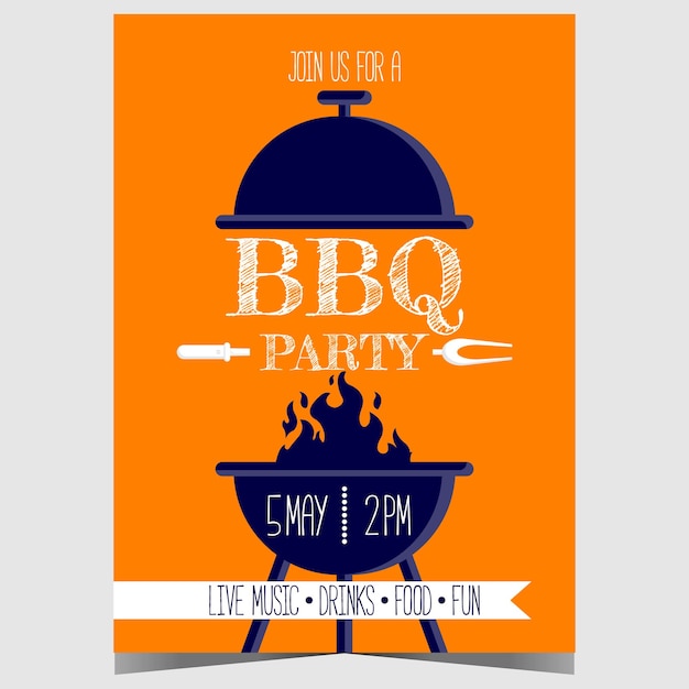 BBQ party poster or banner design template with grill and flame ready to roast a beef or pork steak