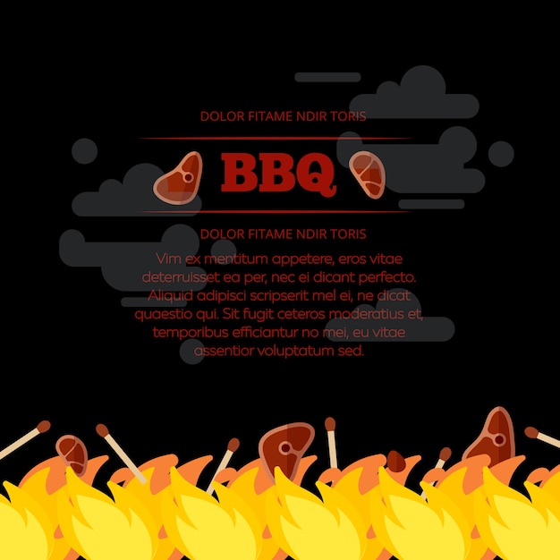 Vector bbq party poster design with fire and meat