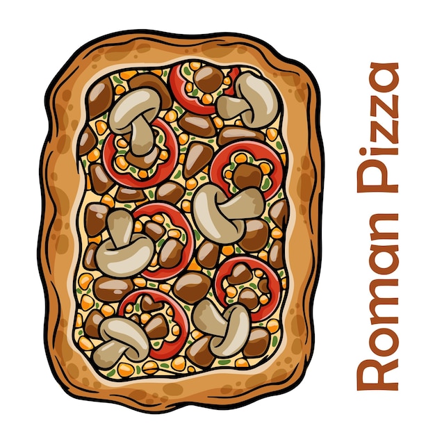 ポークチキンベルペッパーバーベキューソースマッシュルームペストとバーベキューピザ白い背景に長方形のローマ風ピザ