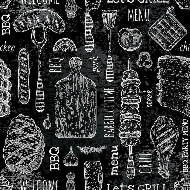 BBQ Seamless Pattern, black Barbecue background in sketch chalkboard style with grill food. Meat steak, beef kebab, fish, sausage, rib. Barbeque menu.