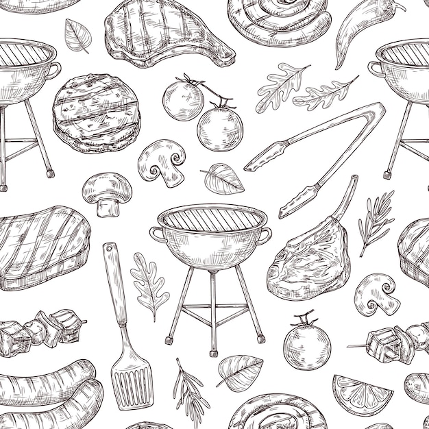 Bbq seamless pattern Healthy pork grill barbecue chef party Restaurant cafe sketch isolated doodle meat steak Picnic neoteric vector texture