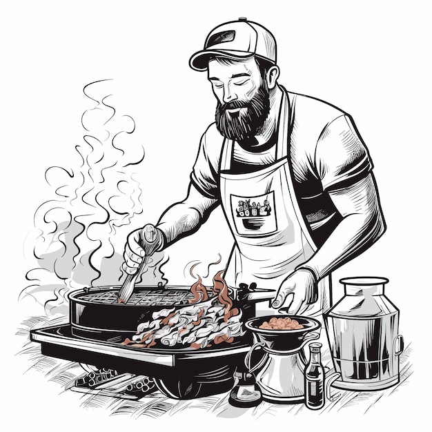 Bbq smoker grill man logo illustration vector art