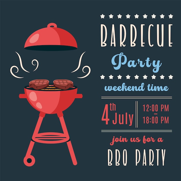 Vector bbq-uitnodiging 4 juli kerstkaart voor amerikaanse onafhankelijkheidsdag poster sjabloon voor spandoek folder voor barbecue feest en zomerpicknick vectorillustratie met brazier steaks vlees eten