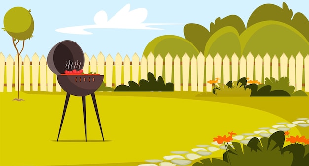 Vector bbq weekend picnic on lawn garden or backyard with fence charcoal brazier with sausages