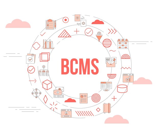 Вектор Концепция системы управления непрерывностью бизнеса bcms с шаблоном баннера и векторной иллюстрацией круговой формы круга