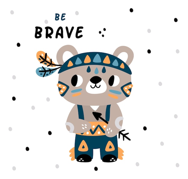 민족 Boho 스타일 아이 영감 카드에 용감한 아기 곰