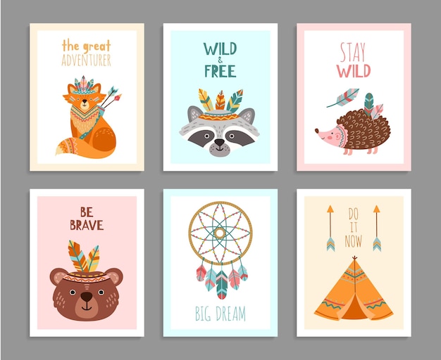 Be brave posters. woodland wild animals, tribal arrows child fun birthday card. happy forest adventure raccoon fox deer vector illustration. tribe raccoon and grizzly, wild indian hedgehog