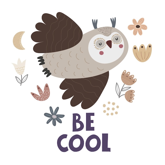 Be cool Cartoon owl hand drawing lettering decor elements